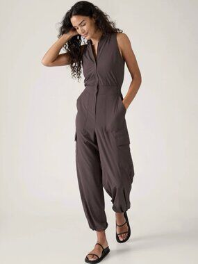 Athleta Brooklyn Sleeveless Front Zip Utility Jumpsuit Romper Shale Brown, sz 8